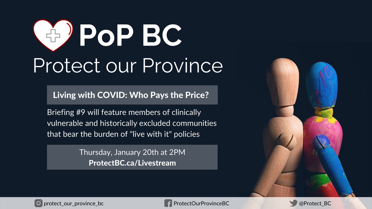 Protect_BC's tweet photo. During the COVID-19 pandemic we’re all weathering the same storm, but we’re not in the same boat. What does it mean to be a clinically vulnerable person in BC?
With Jaclyn Ferreira, Sharona Franklin, Isabel Jordan, & Marion Brown, Thu. Jan. 20 @ 2 PM PDT
https://t.co/qfWCM8mlbS https://t.co/dC43hG6JY0