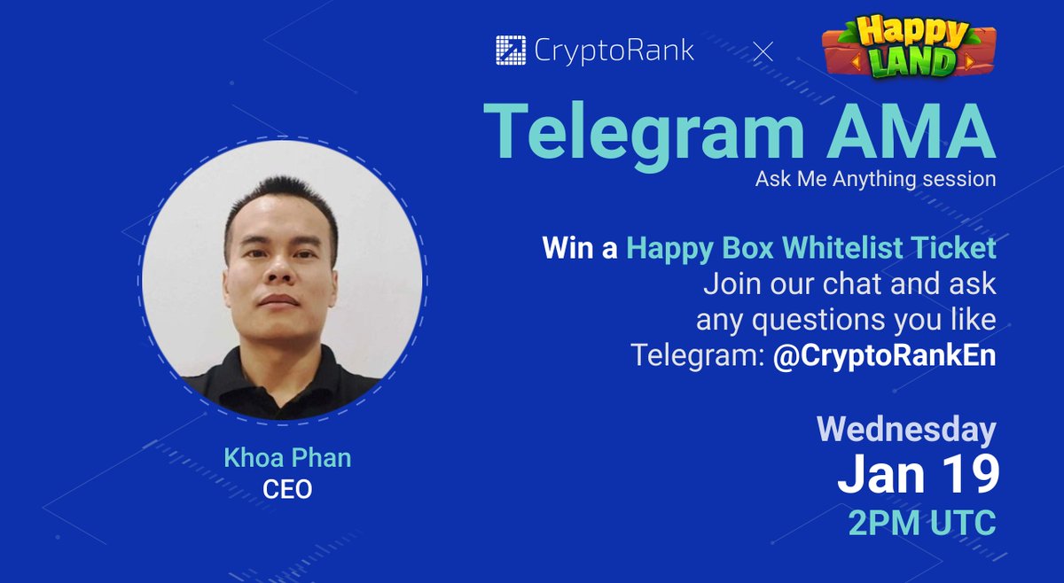 CryptoRank_io's tweet photo. ❗️Today we are holding an AMA with 
@HappyLand_HPL in Telegram https://t.co/yNocw7Mjfe &amp; Twitter!

You are welcome to ask questions under this tweet WITH a  #HAPPYLAND_CRYPTORANK_AMA hashtag, like, RT &amp; subscribe to @CryptoRank_io

RULES👉https://t.co/WkPiDTr3QW https://t.co/z6rU185XPl