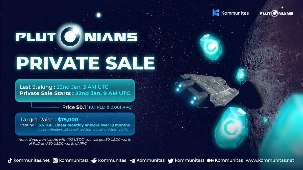 kommunitasnet's tweet photo. 😆 Kommunitas is beyond excited to conduct our Private Sale with @plutoniansgame on the 22th January 2022!

🪐 Plutonians is a blended universe of multiplayer strategy RPG, space shooter, multiplayer PvE, and social alternate reality games. Read more: https://t.co/lSuZiGDxcK https://t.co/mBiXVvK2kG