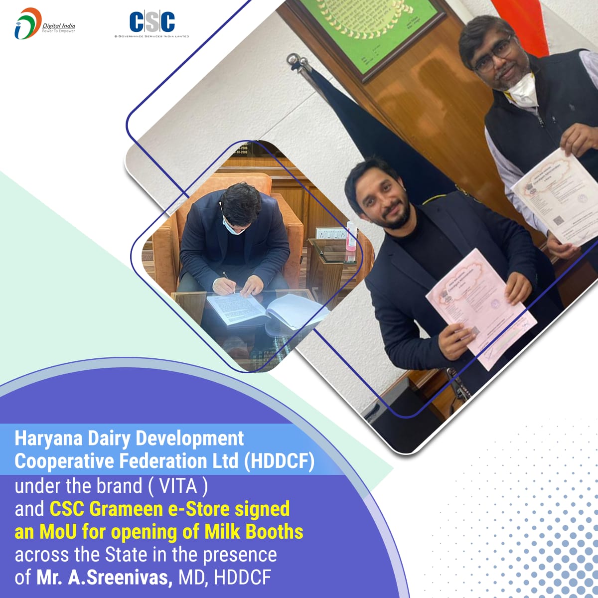 CSCegov_'s tweet photo. Haryana Dairy Development Cooperative Federation Ltd(HDDCF) under the brand( VITA ) and CSC Grameen e-Store signed an MoU for the opening of Milk Booths across the State in the presence of Mr. A.Sreenivas, MD, HDDCF.
#CSC #DigitalIndia #RuralEmpowerment #HDDCF #CSCGrameenEStore https://t.co/Cw9q1D9fMk