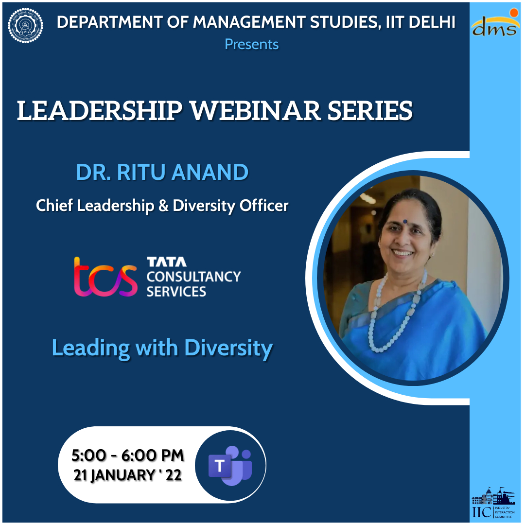 IIC_DMS_IITD's tweet photo. IIC @DMSIITD is delighted to host Dr. Ritu Anand as a part of our Leadership Webinar Series. She will be addressing students on the topic: "Leading with Diversity."
#dmsiitd #IITD #whereDreaMScomestrue #leadership #webinar #iic #bschool https://t.co/k84D3TUG4L