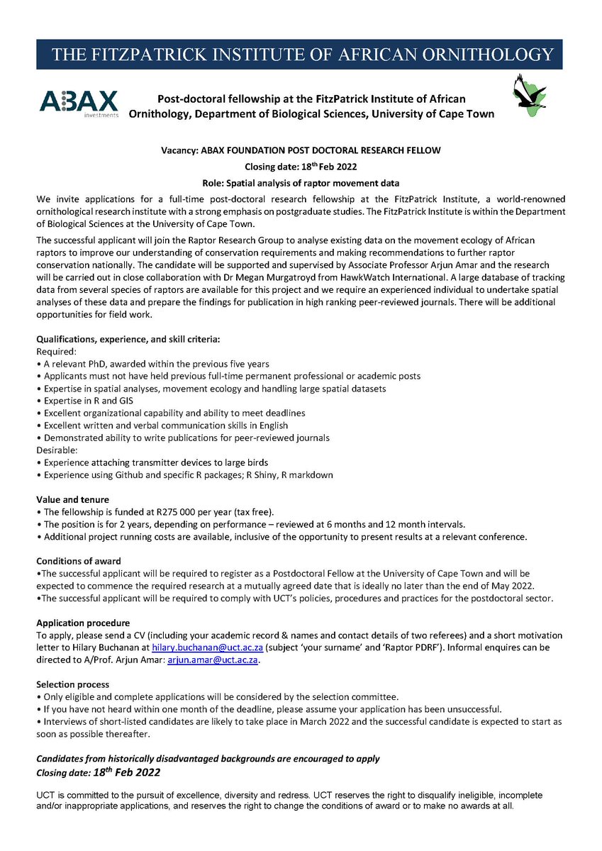 Post-doc opportunity <a href="/Fitztitute/">FitzPatrick Ins</a> with <a href="/arjundevamar/">Arjun Amar</a> and <a href="/Meg_Murg/">Megan Murgatroyd</a> on #Raptor tracking data <a href="/biologging/">Intl Bio-Logging Soc</a> 2 years based <a href="/UCT_Research/">UCT Research</a> <a href="/BioSciUCT/">Biological Sci UCT</a> #CapeTown apply until 18 Feb 2022