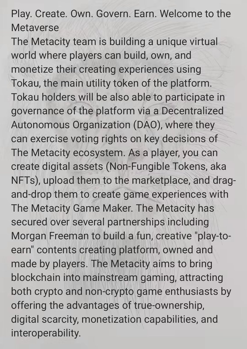Louischaintour's tweet photo. #Tokau #NFT #Defi #Metacity #Metaverse
Play. Create. Own. Govern. Earn. Welcome to the Metaverse.😋 https://t.co/VVjhlH80k9