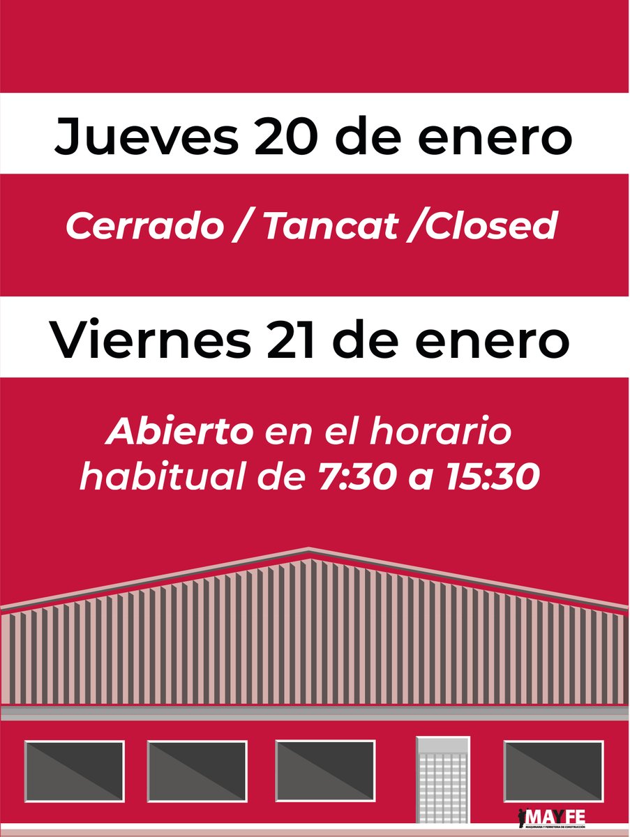 mayfeconstruye's tweet photo. Desde Mayfe os deseamos una feliz semana de Sant Antoni y Sant Sebastià.
Os informamos que mañana Jueves 20 de Enero estaremos cerrados.
Os esperamos el Viernes 21 de Enero en el horario de apertura habitual, de 7:30 a 15:30. https://t.co/019O4SXevJ