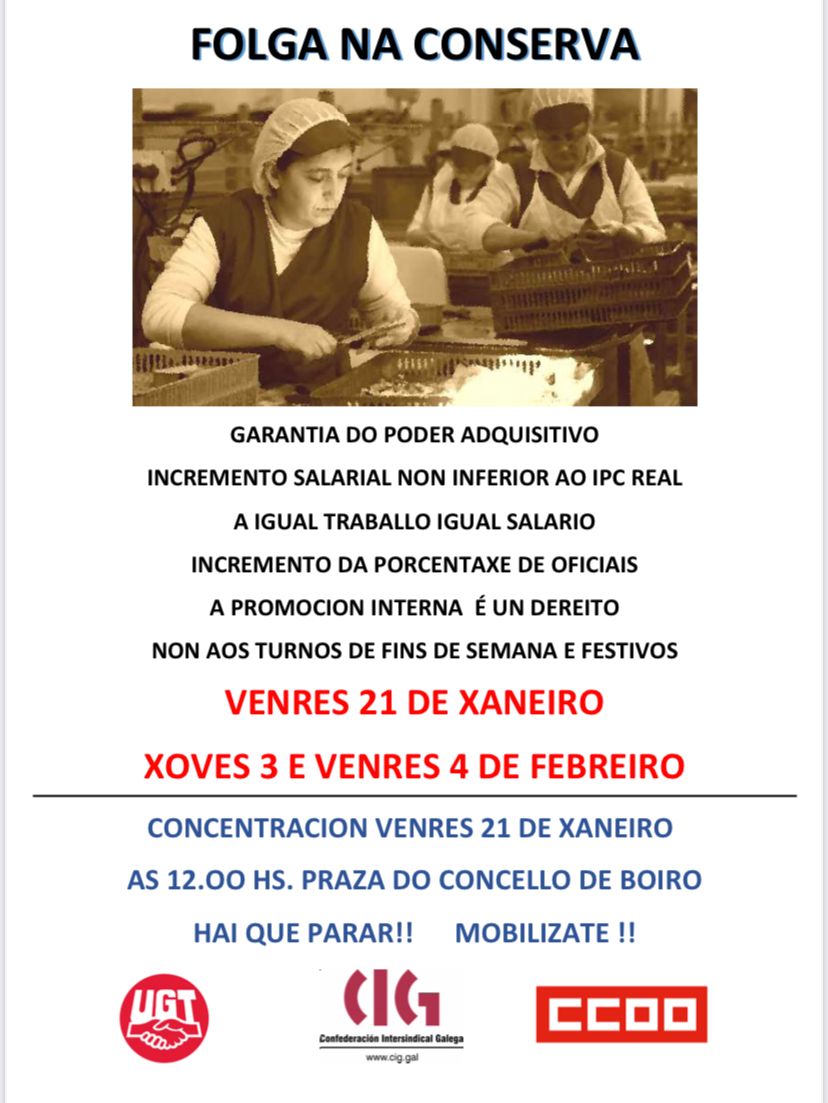 Dende EU Boiro apoiamos sen reservas ás traballadoras da conserva en folga. O venres 21 estaremos xunto a elas na praza do Concello de Boiro as 12 do mediodía. Se podes, non faltes!! Os dereitos dxs traballadorxs non son opcionais!!