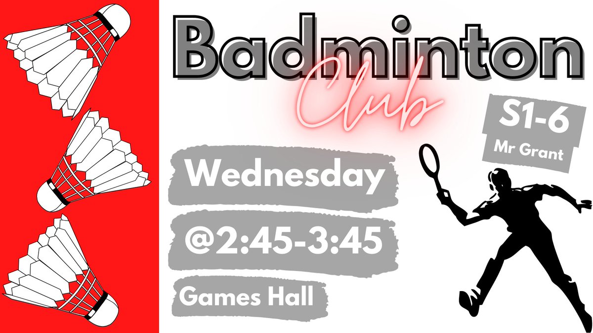 Mr_IGrant's tweet photo. The Badminton club is back on every Wednesday in the Games Hall after school. 

Now open to S1-3 Pupils.

@LarbertHigh @LHS_HWB https://t.co/jBKX557eh4