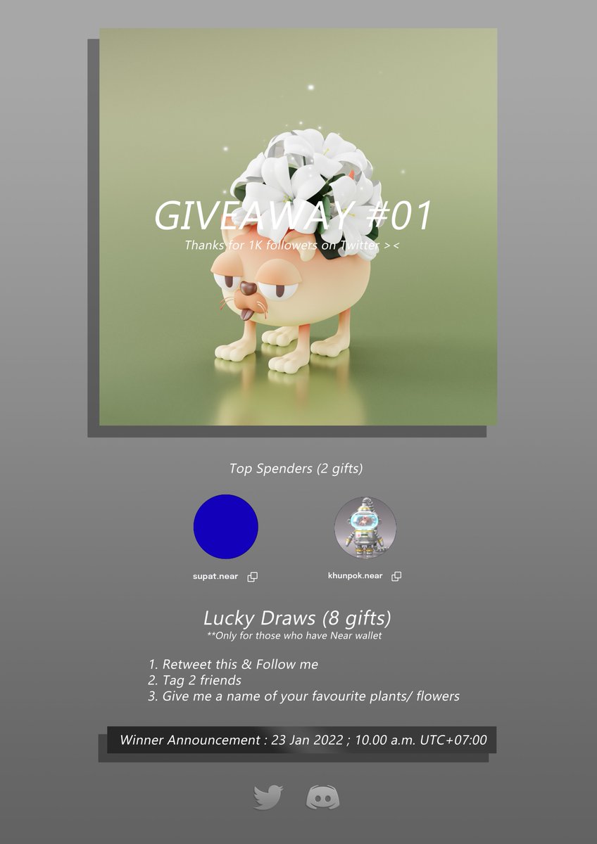 teaa12t's tweet photo. #Giveaway only 8 Near Wallet holders! and my Top Spenders ☺️ on @ParasHQ 

To join this event:
🌷 RT this &amp; Follow 
🌷 Tag 2 friends
🌷 Give me a name of your favorite plants/ flowers

Winners Announced on: Sun 23 Jan, 10 am UTC+7
#NFTGiveaway #NFT #NFTThaicommunity #nftcollector https://t.co/he1ZVKv9Tm
