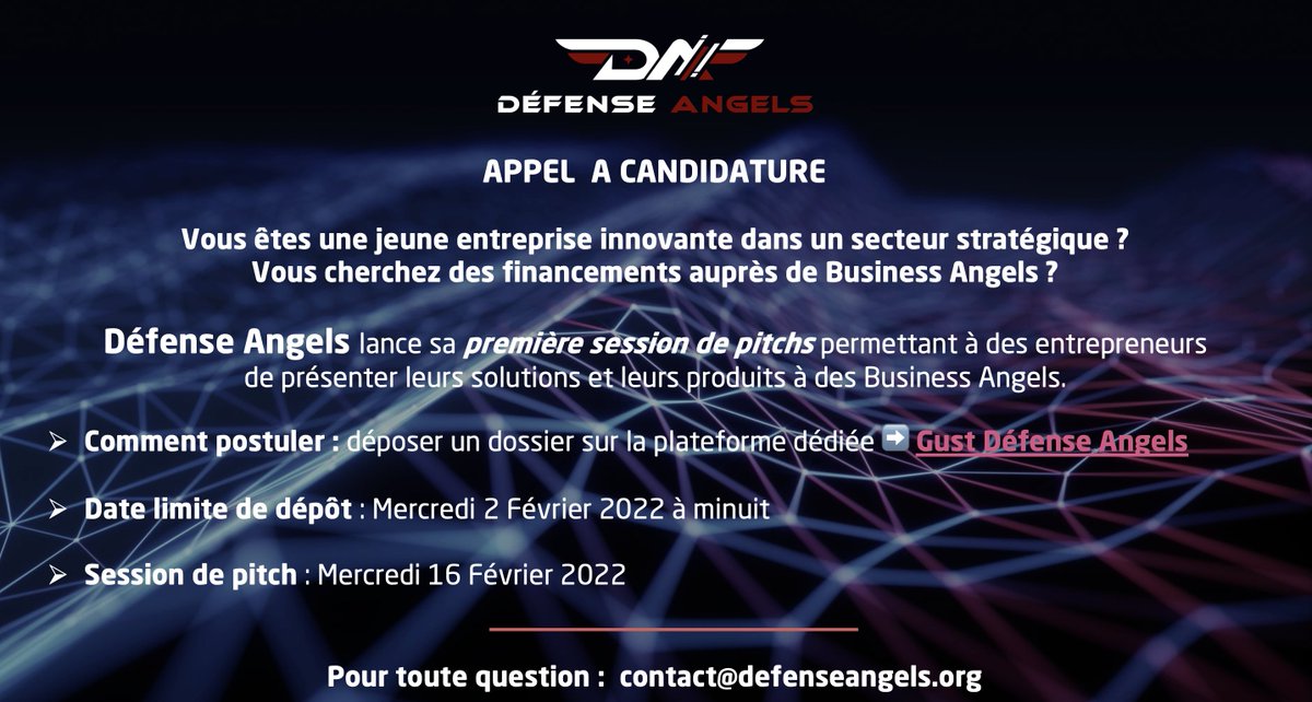🏁 Appel à candidature pour faire partie de la 1er promo de #DefenseAngels. Vous êtes une start-up ? Postulez avant le 02/02 ➡  gust.com/organizations/…