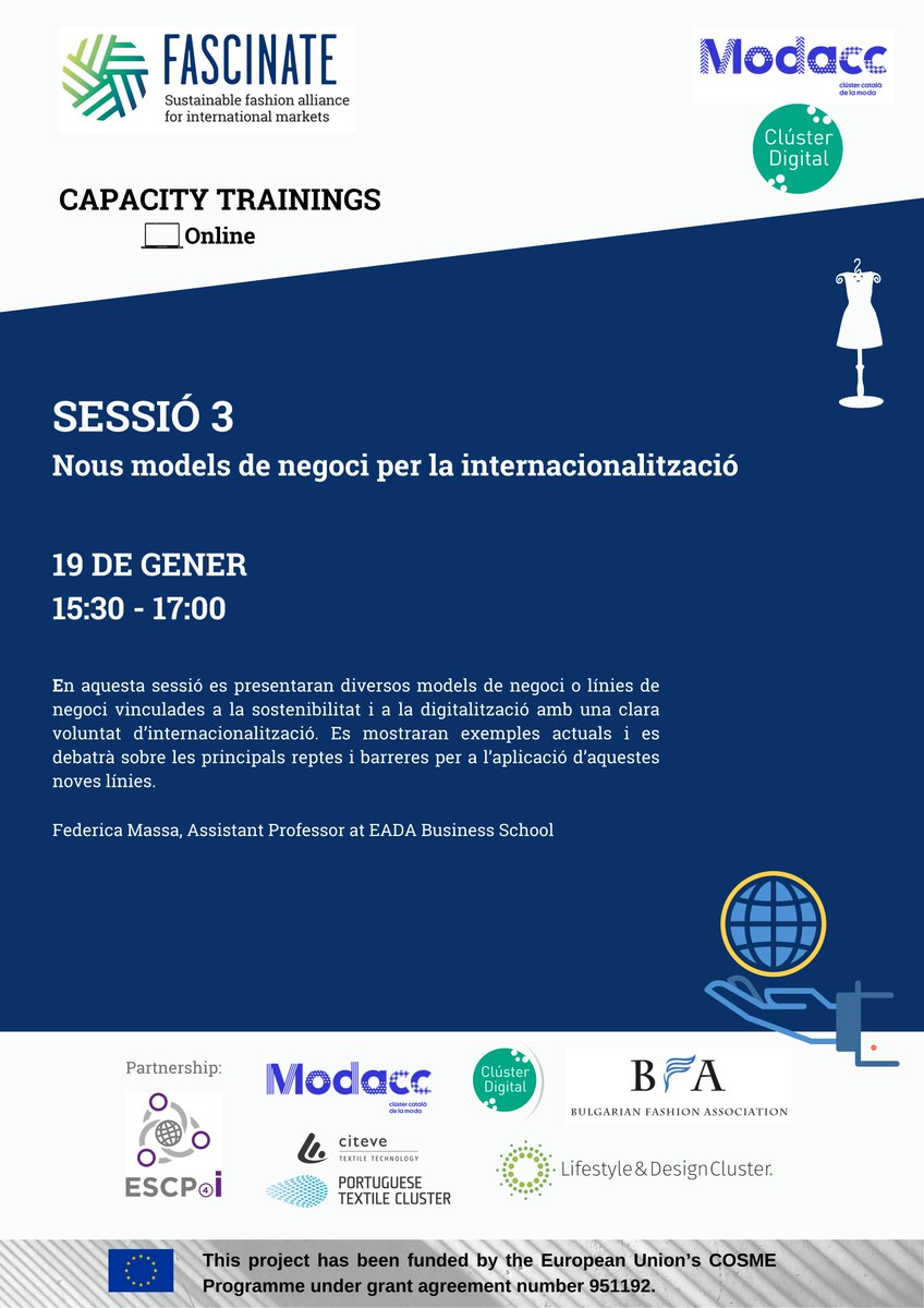 CAPACITY TRAINING| Encara et pots inscriure!
"Nous models de negoci per la internacionalització".
🗓️ Avui 19 gener, de 15.30 a 17h. Online. Gratuït
👤Amb <a href="/FedericaFms/">FedericaMassaSaluzzo</a> dtora. Màster en sostenibilitat i innovació
✍🏼forms.gle/HCHXNoSBwYkX7e…
🇪🇺 Dins @FascinateEU amb <a href="/Cluster_Digital/">Clúster Digital</a>