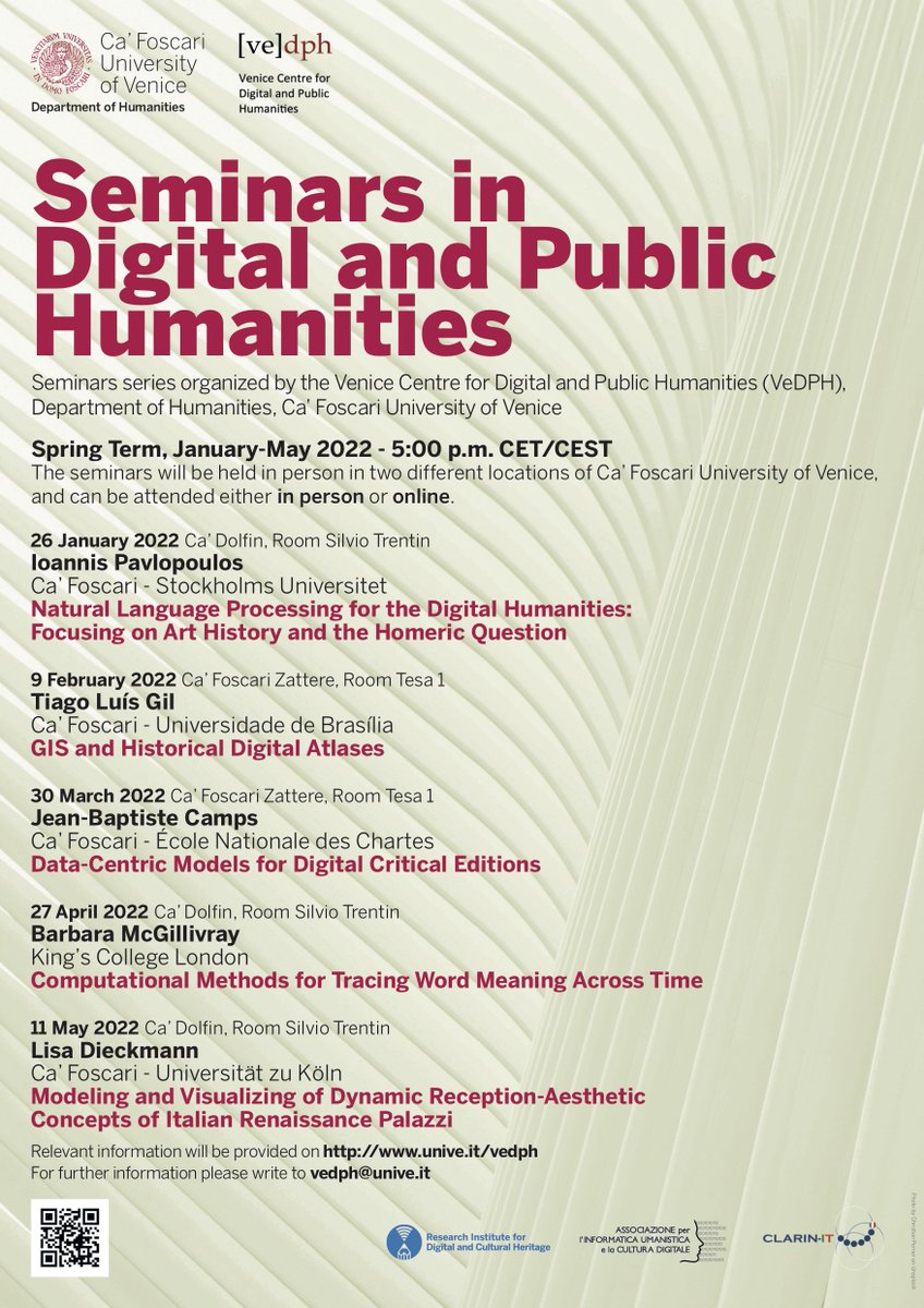 A new #Seminar #Series in #Digital & #PublicHumanities will starts soon!
The series will includes seminars on a wide range of topics of the digital humanities field.
All the seminars will be both in Venice and online!
Info: unive.it/data/agenda/2/…

#digitalhumanities #dph #vedph