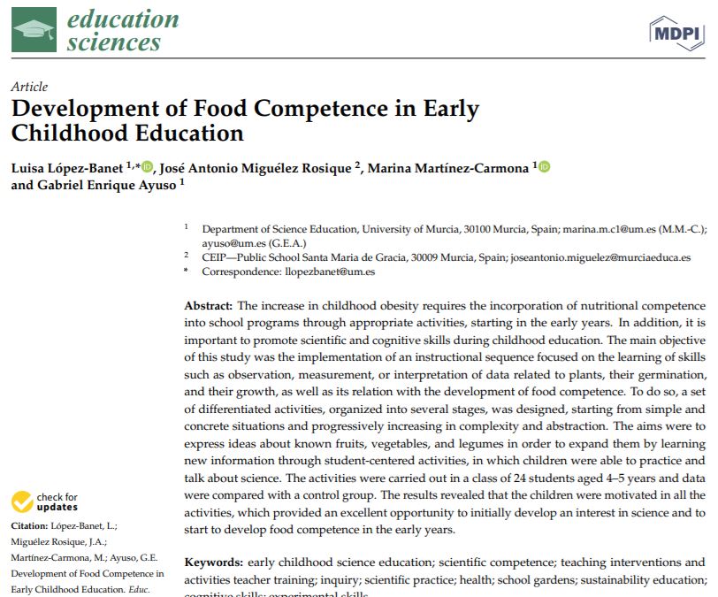 Hoy publicamos un trabajo sobre la alimentación en Infantil gracias a la colaboración del CEIP Santa María de Gracia de Murcia. Gracias! Development of Food Competence in Early Childhood Education mdpi.com/1455816 #mdpieducation a través de @EducSci_MDPI