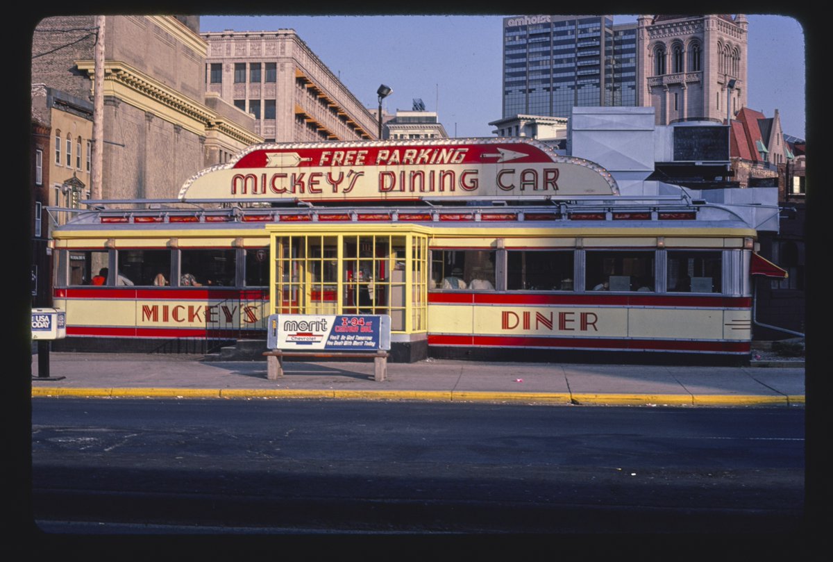 oldroadside's tweet photo. mickey's diner (1937-39), 36 w. 9th street, st. paul, minnesota, 1984 https://t.co/hEfOwH7smN