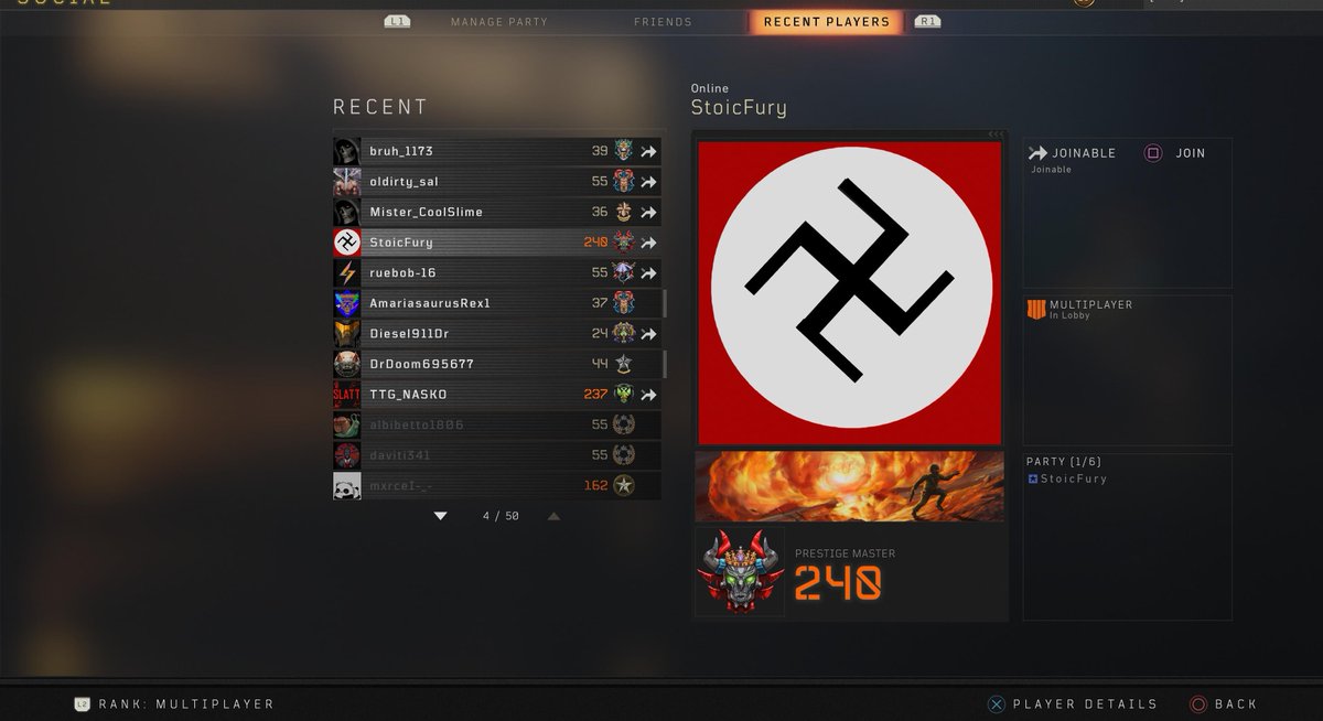 Beeradmeiser's tweet photo. @ATVIAssist Dear staff: S&amp;E is slacking I've seen this guy for a year and have personally reported his emblem at least a 1k times and nothing has been done. I was an ambassador since it's launch if you guys need help with enforcement I will gladly do it and I will do it for free https://t.co/S2zuypVRAi