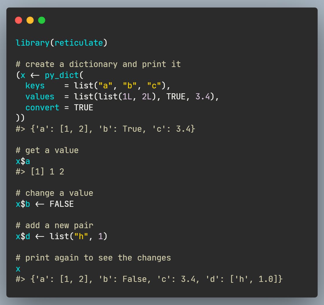 rfunctionaday's tweet image. Python dictionary is an unordered data type with key-value pairs that allows accessing values, not by indexing, but via unique keys.
The {py_dict} function from {reticulate} 📦 gives you access to this data type in R! 📖
rstudio.github.io/reticulate/ref…
#rstats #DataScience