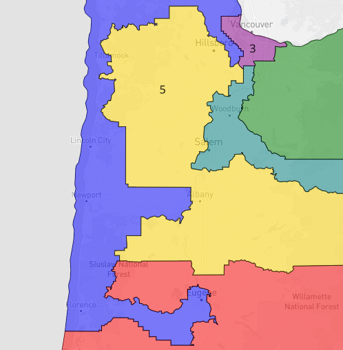 lad_map's tweet image. This map is what an aggressive Republican gerrymander of Oregon looks like. Republicans came make a serious play for 4 of the congressional districts and are favored to win half of them. #ElectionTwitter