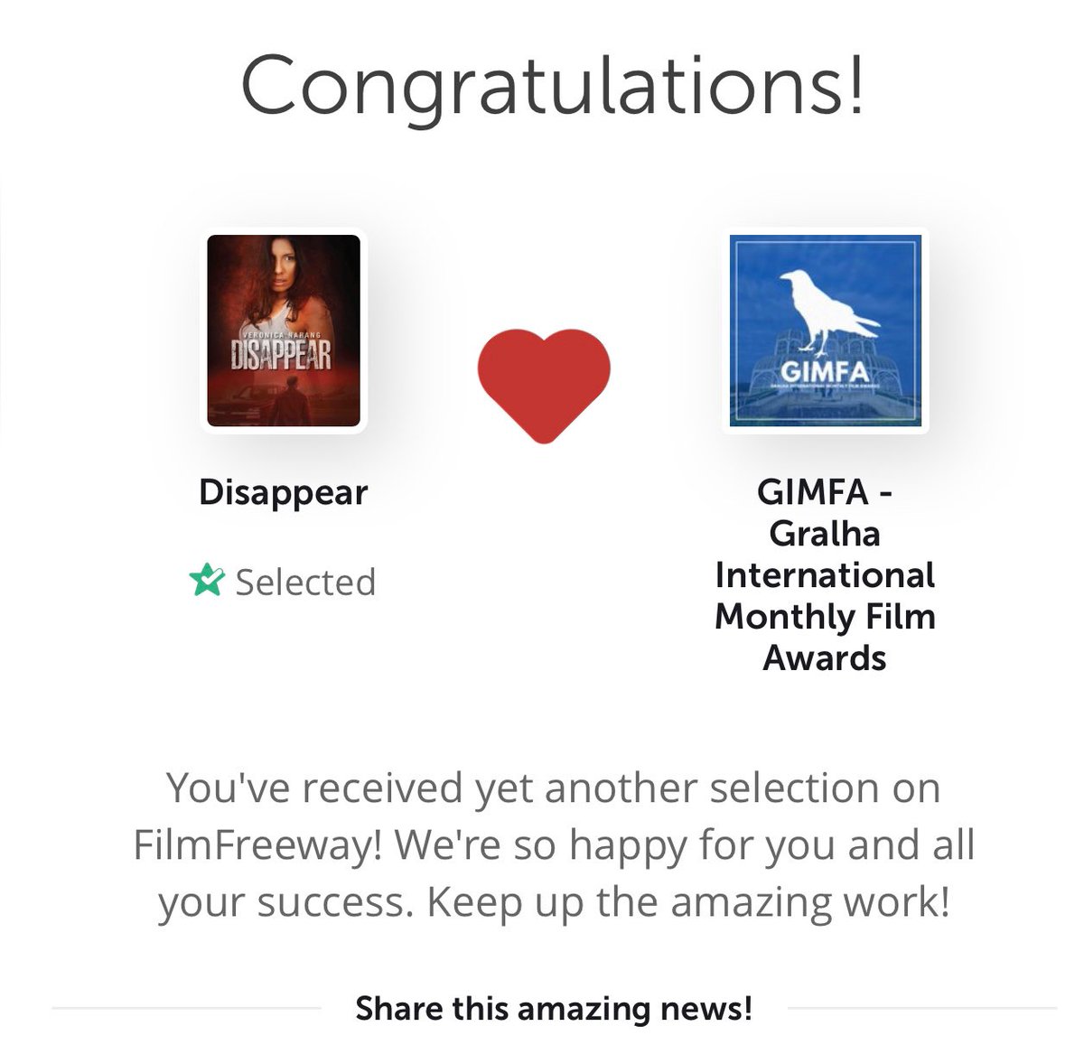 Disappear is now an official selection at the #GIMFA Gralha International Monthly Film Awards! Thank you <a href="/gimfa/">G.G.</a> !!