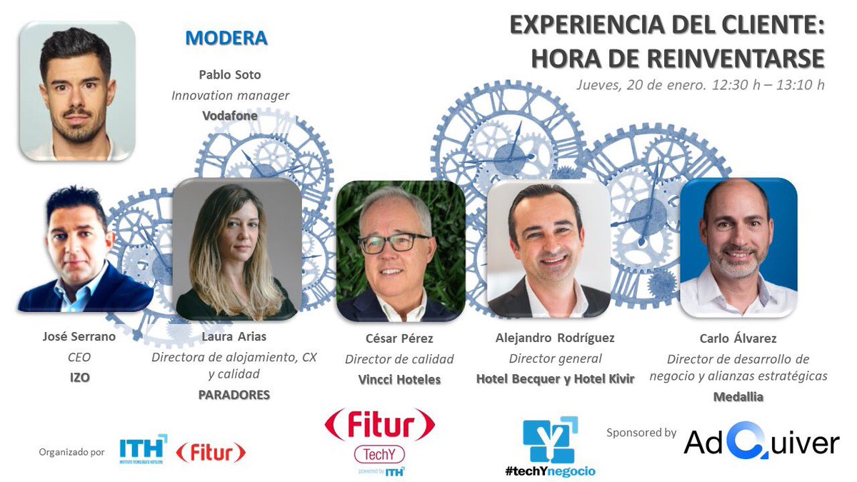 Alexhoteles's tweet photo. Este jueves nos vemos en #Fiturtech #techYnegocio a las 12:30h en esta mesa redonda rodeado de excelentes profesionales en la que hablaremos de cómo reinventarnos en la experiencia del cliente. https://t.co/1U0BN5ql0Y