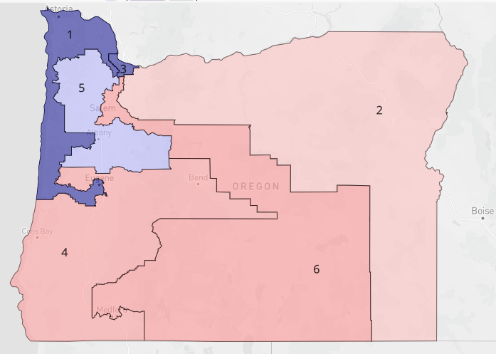 lad_map's tweet image. This map is what an aggressive Republican gerrymander of Oregon looks like. Republicans came make a serious play for 4 of the congressional districts and are favored to win half of them. #ElectionTwitter