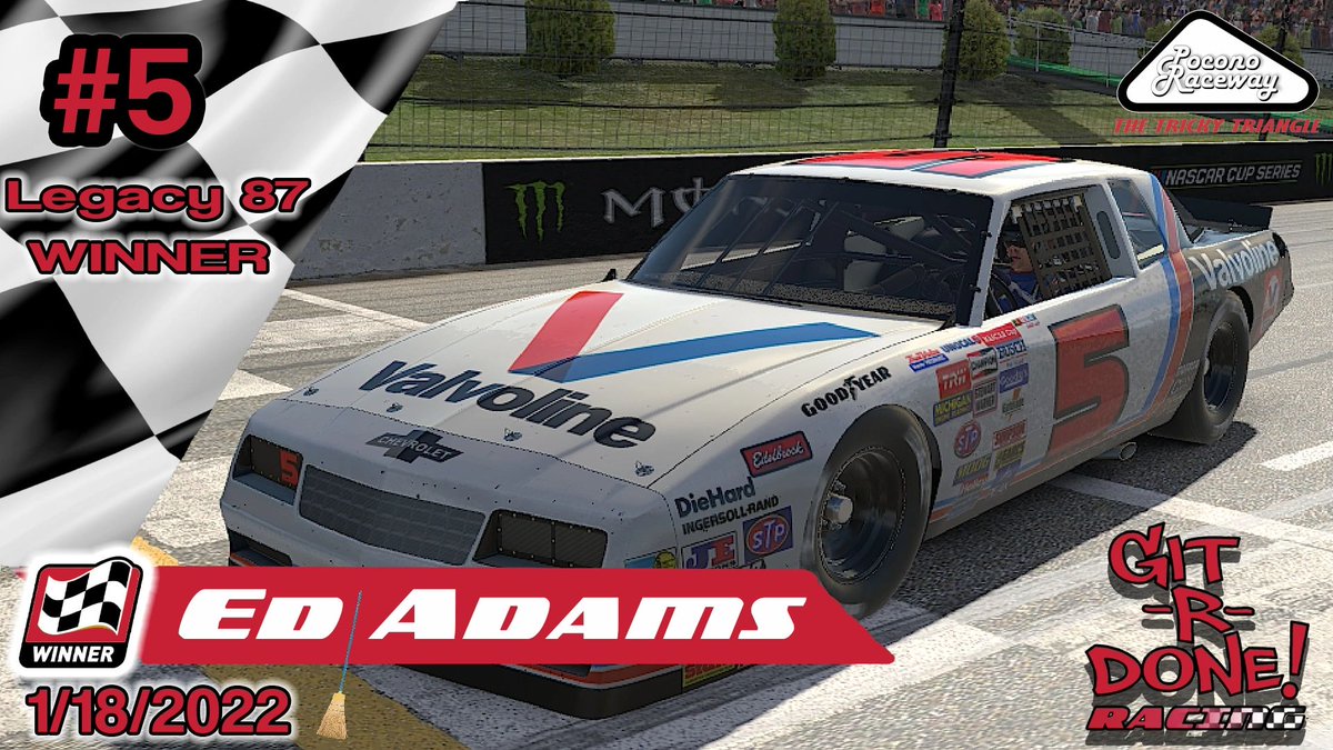 KCERacing's tweet image. Congratulations to Ed "Larson" Adams #5 taking the checkered and sweeping Pocono in the Git'r Done Racing 87 Race. Great job Ed!
gitrdoneracing.us
#gitrdoneracing #IRacingLeagues #CleanRacing #OvalRacing