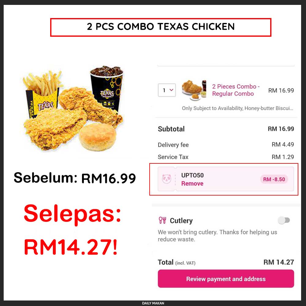 DailyMakan's tweet photo. Wow! Jimat sehingga RM10 bila guna kod "UPTO50" 😍
Dapatkan KFC, MCD, TEXAS, A&amp;W dan makanan lain dengan harga yang lebih murah di FoodPanda bila guna kod UPTO50 😋

Caranya sangat mudah. Ikuti sahaja langkah di bawah ini: https://t.co/d01bjM0Upi