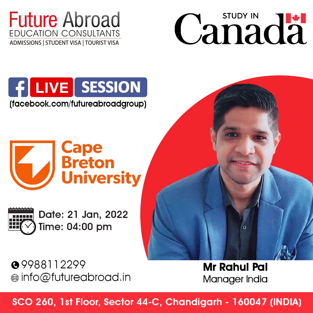 FutureAbroad44's tweet image. Hello everyone! Please join us for a #Facebooklivesession on #21January2022 at 4:00 pm IST.
Mr Rahul Pal from #CapeBretonUniversity will talk on upcoming intakes, programs and life in #Canada.
Link: facebook.com/futureabroadgr…

#FutureAbroad #may2022 #September2022 #canadavisa