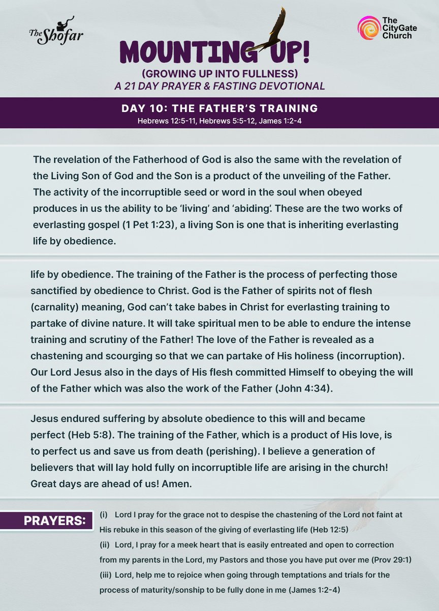 dcitygatechurch's tweet photo. 21 Days Prayer & Fasting Devotional
DAY 10: THE FATHERโS TRAINING
Watch the video:
https://t.co/K4xhUP1x82
or
https://t.co/Vwze7nmaDx
#MountingUp
#GrowingupintoFullnes
#PrayerandFasting #Devotional https://t.co/Yjsl31hoja