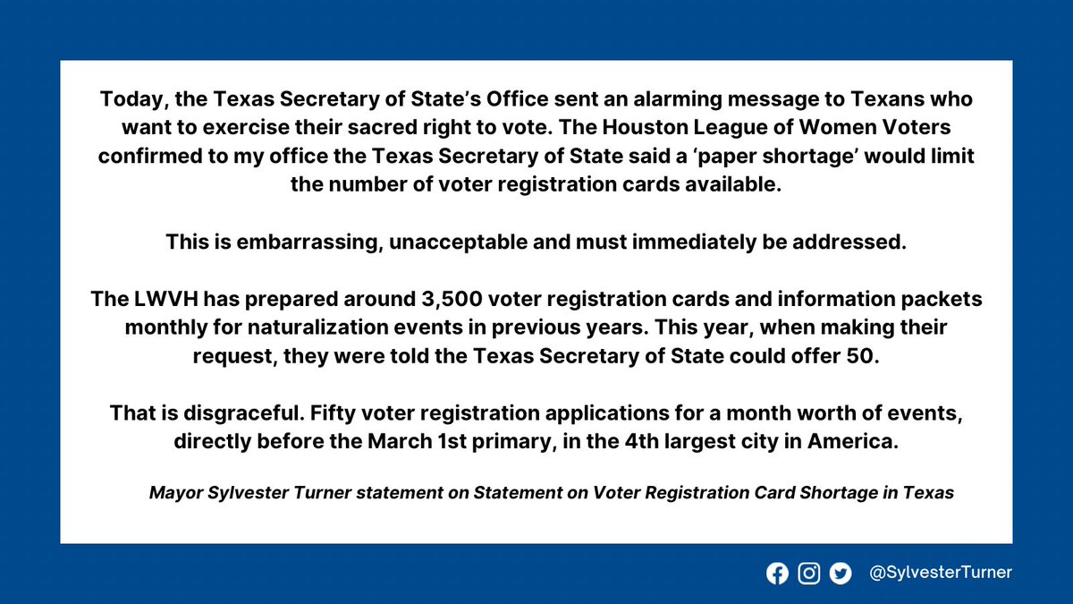 Today, the Texas Secretary of State’s Office sent an alarming message to Texans who want to exercise their sacred right to vote.

This is embarrassing, unacceptable and must immediately be addressed.