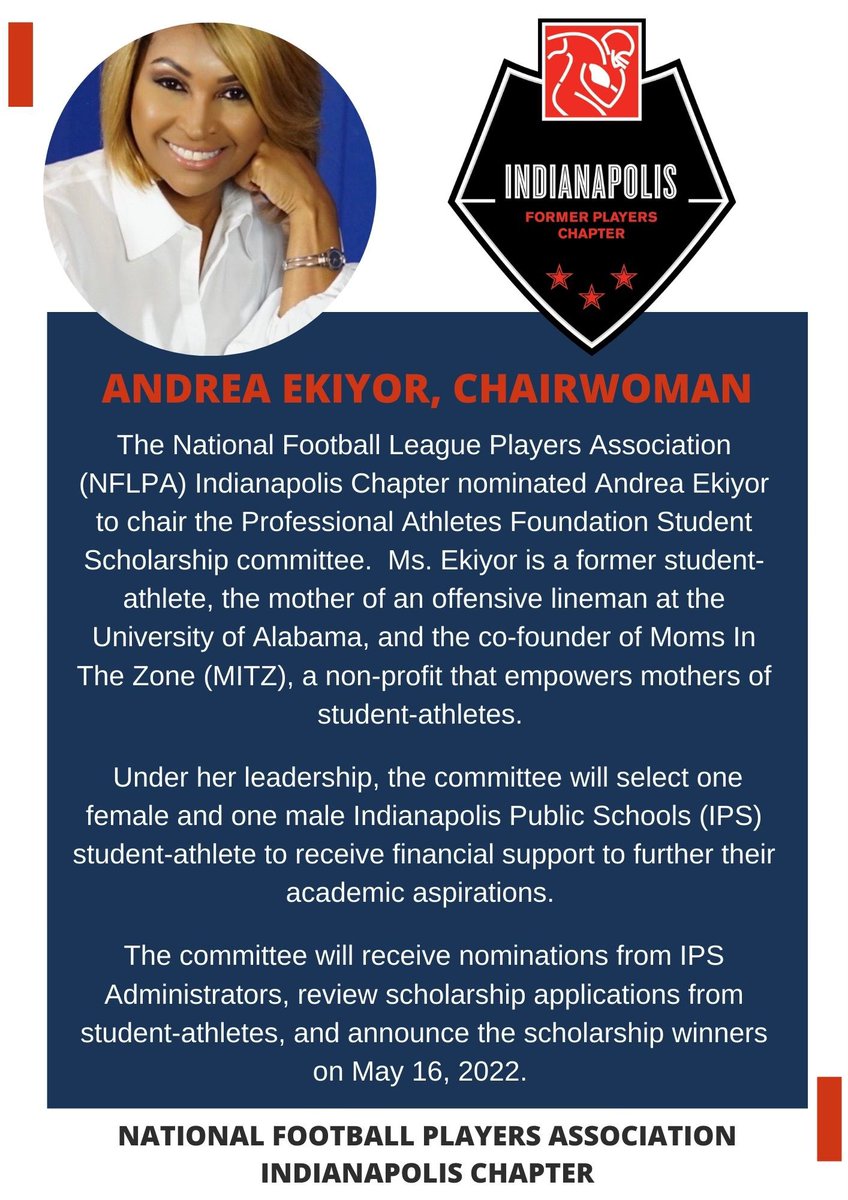 CONGRATULATE co-founder, <a href="/AndreaEkiyor/">Andrea Ekiyor</a>, on her nomination as the <a href="/NFLPA/">NFLPA</a> Indpls Chp, Chairwoman of the Professional Athletes Foundation Student Scholarship committee! We are so proud of you &amp; know that the lives of deserving student-athletes will be changed under your leadership!