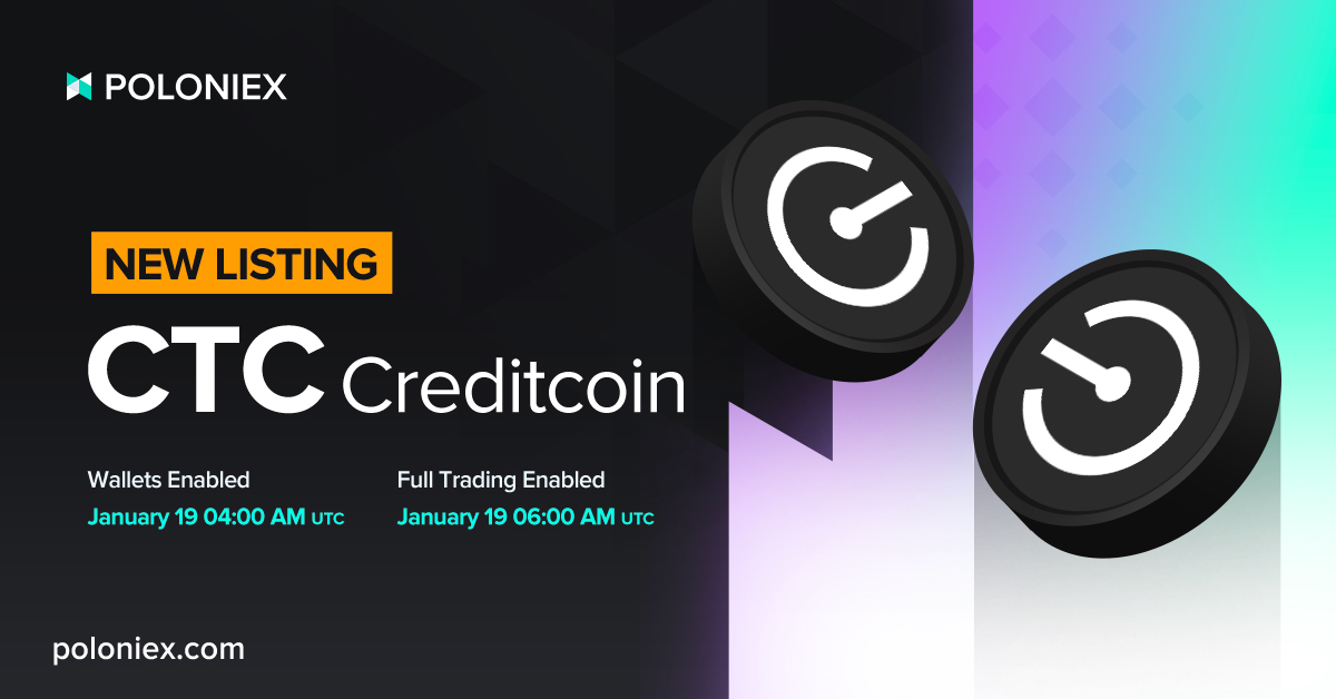 Announcement 📢
🆕 Listing: @creditcoin 
$CTC wallets are now open and full trading for CTC/USDT will be enabled at 06:00 AM UTC today 🎉 

Deposit: poloniex.com/wallet/CTC/rec…
CTC/USDT: poloniex.com/exchange/USDT_…
Details:
support.poloniex.com/hc/en-us/artic…