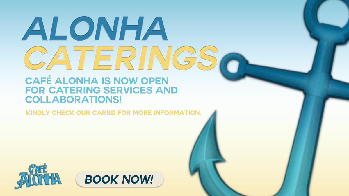 ⠀

      ────   ⚓  CAFÉ  ALONHA  ⨾

      The waves heard you, we're now
      officially   opening  our  catering
      services   for   you   to   feel  the
      comfort  of  the  waves  on  your
      special day!  Check our carrd to
      know more. Mahalo! 

⠀⠀