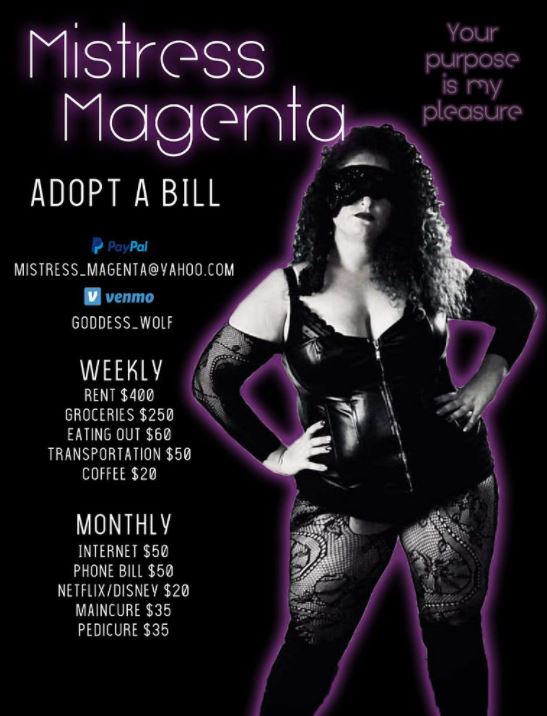 MistressMagenta's tweet photo. Make my life easier...Adopt one of my bills. Or send me an Amazon Gift Card for my birthday (this week)>> mistress_magenta@yahoo.com https://t.co/nmf80uvcTn