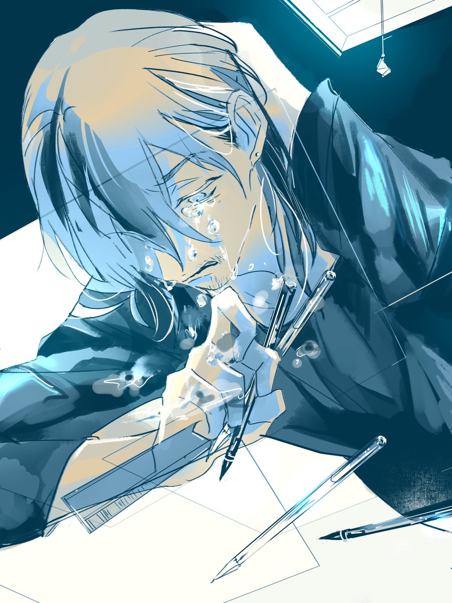 1boy male focus solo tears crying holding pen  illustration images