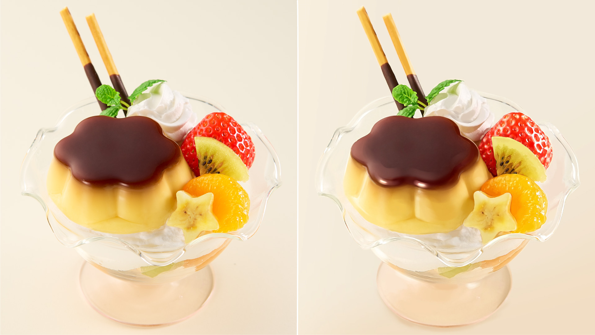 プッチンプリン 公式 プッチンプリンで プッチンプリンアラモード作ってみました どっちかが本物で どっちかがイラストか みんなは分かるかな どっちもおいしそうでしょ 左が本物だと思う人はいいね 右が本物だと思う人は を押してね