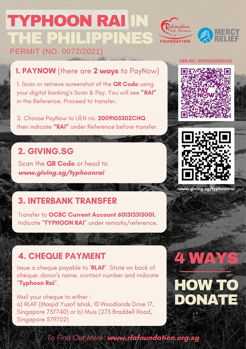 Here are the various methods to donate for Typhoon Rai in the Philippines.

Visit our website to donate now or find out more.
rlafoundation.org.sg
giving.sg/rlafoundations…