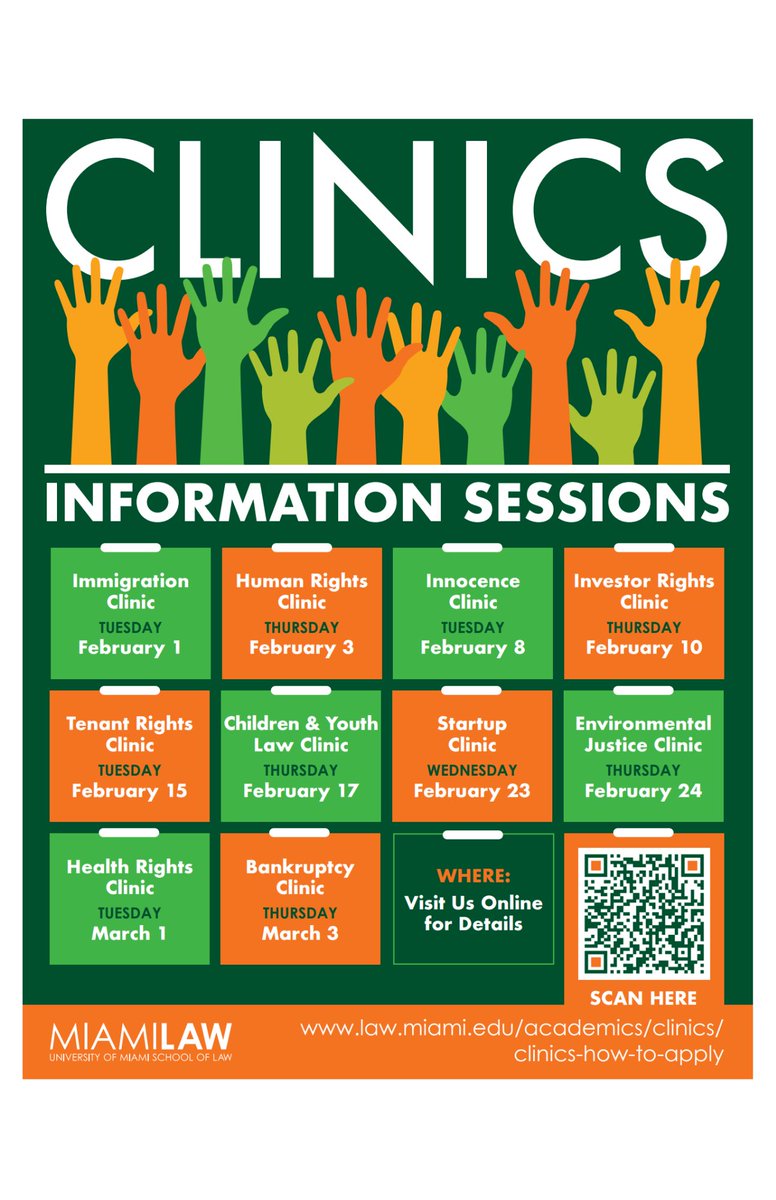 UMLawIC's tweet photo. Attention UM Law Students! Miami Law Clinics are currently recruiting for the 2022-2023 academic year. See the link below for more information.  
https://t.co/rynzuZJnm0 https://t.co/wq5OrisJy1
