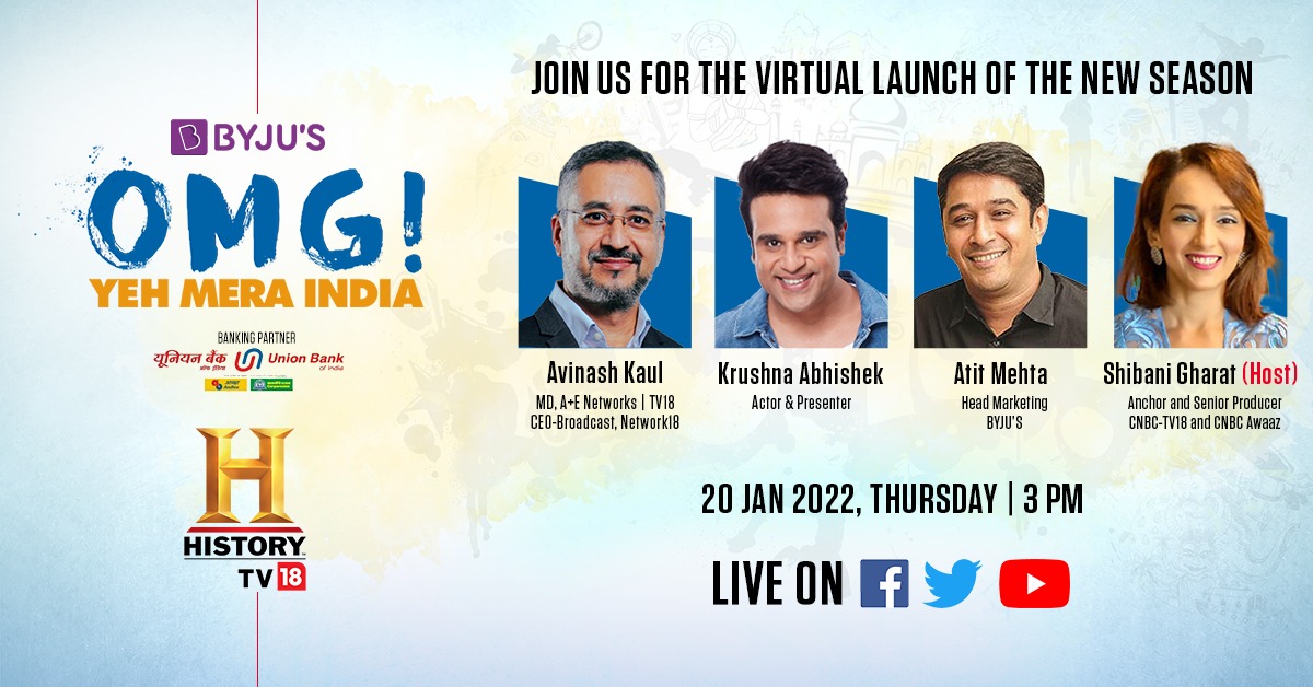 HISTORYTV18's tweet photo. The new season of #OMGIndia is almost here! Post your questions in the comments &amp; get answers from @Krushna_KAS and @avikaul in our live launch event tomorrow at 3 PM on our Facebook, Twitter &amp; YouTube pages. Hosted by @shibanigharat. @BYJUS https://t.co/YynZ6irQXC