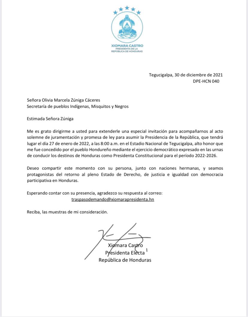 Gracias por su invitación compañera Presidenta Xiomara Castro de Zelaya, es un honor ser invitada a la toma de posesión más importante de la historia.