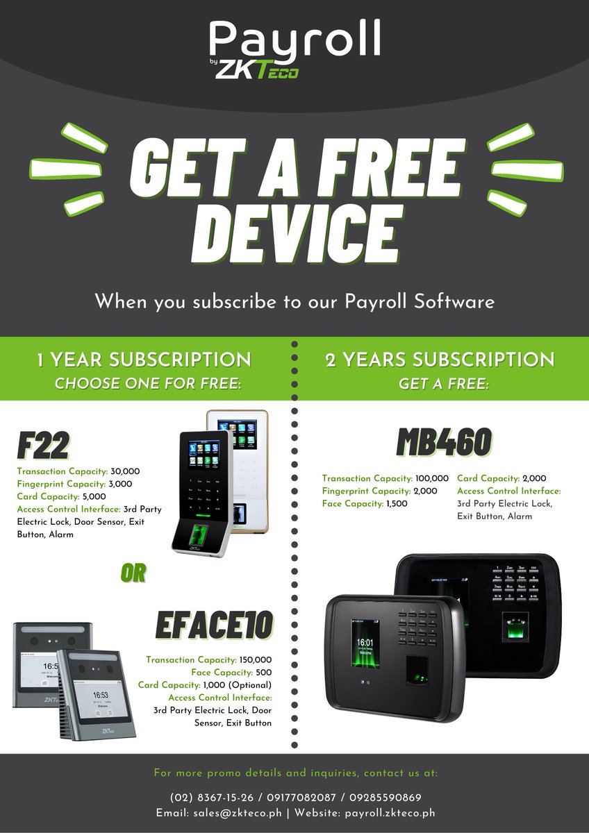zktecophil's tweet photo. Get a FREE Device when you subscribe to our Payroll Software.

#ZKPayroll
#FreeZKTecoBiometric
#ZKTecoPH
#TimeAttendance https://t.co/Mlh6QxOQBL