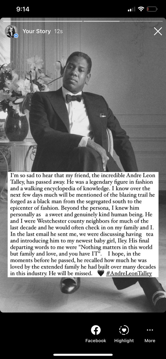 I'm so sad to hear that my friend, the incredible #AndreLeonTalley, has passed away. He was a legendary figure in fashion and a walking encyclopedia of knowledge.