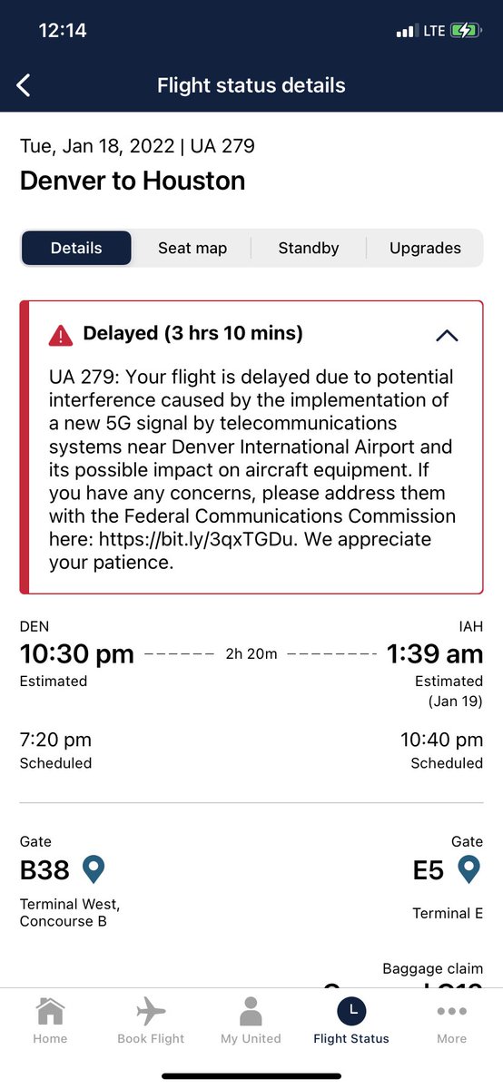 krisvancleave's tweet photo. 3hr+ delay due to 5G! @united puts the blame for this 777 from Denver to Houston on 5G systems near the DEN and includes link to FCC to complain. Look for more of this messaging in the coming days. https://t.co/jncNFak1yo
