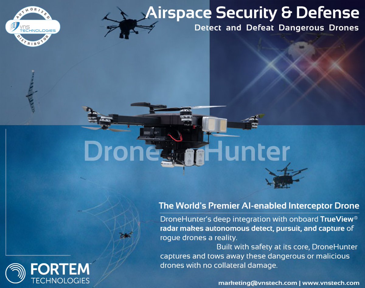 vnstech's tweet photo. DroneHunter®, with its AI and radar guidance, locks onto a target, fires a net, captures and tows the drone to a safe deposit box. 

@FortemTech 
#dronehunter #fortemtechnologies #airspace #security #defence #vns #vnstechnologies #airspacesecurity https://t.co/3EjIwBBaWc