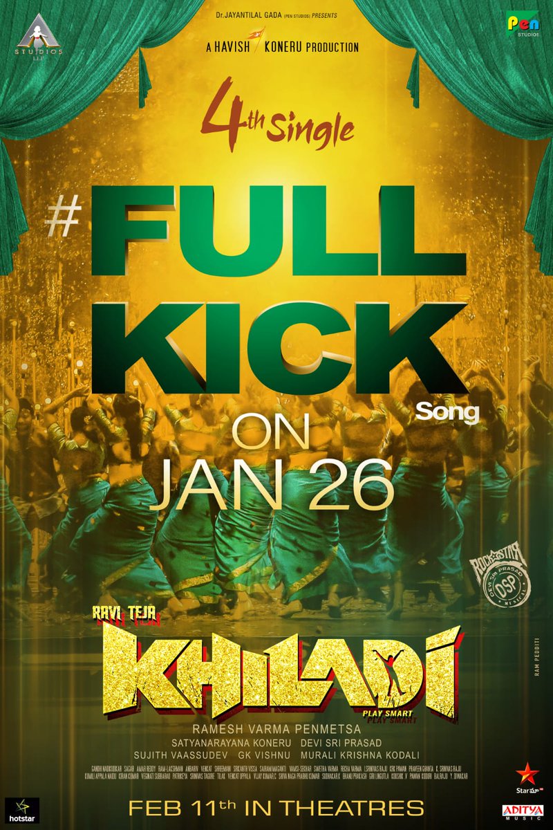 MoviesFolks's tweet photo. Time to get the KICK MODE🔛

#Khiladi  🕶️Fourth Single #FullKick Song out on Jan 26th🕺

Lets Celebrate Mass Maharaja @RaviTeja_offl Birthday with FULL KICK🙌😎

#MoviesFolks 🎬 

#RaviTeja 

 https://t.co/dPX44Nqcaz