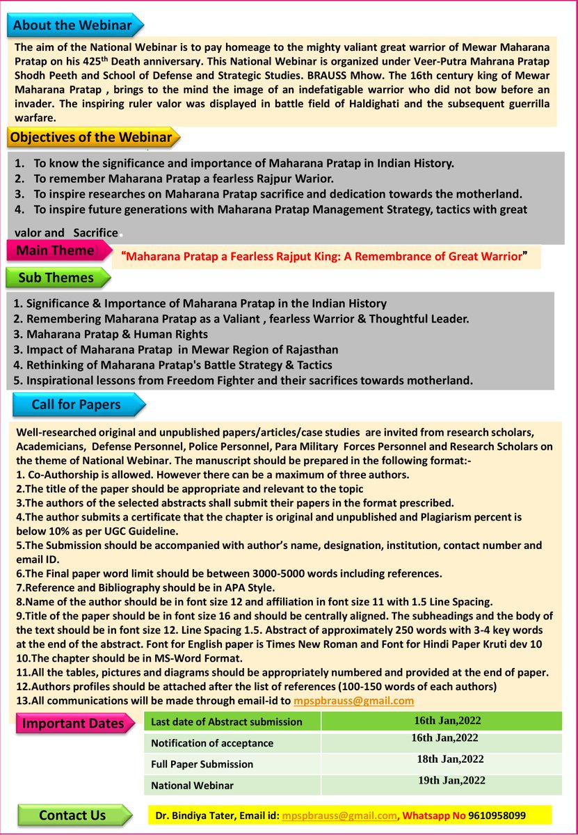 BraussM's tweet photo. 🟡Maharana Pratap a Fearless Rajput King: A Remembrance of Great Warrior | National Webinar   
👉🏽 Scheduled on 19 January, 2022 at 3 pm IST 
👇
✅ Youtube page of BRAUSS - https://t.co/NI0JXEVFfY https://t.co/SpFUYx0TVM