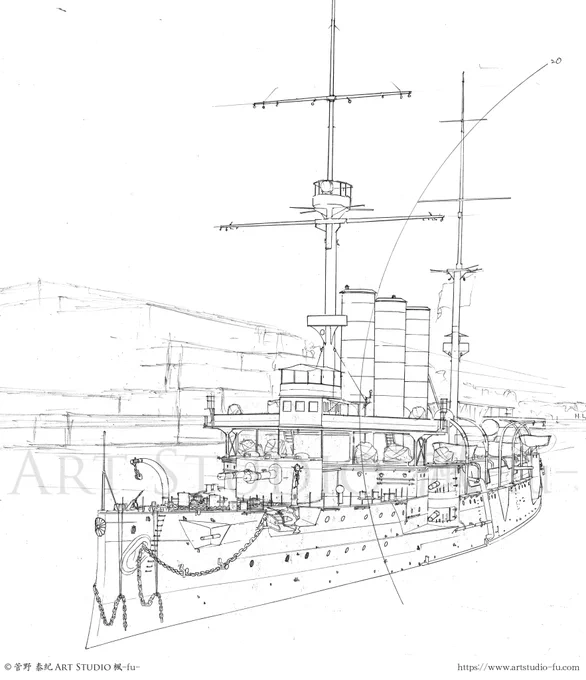 Line drawing of IJN Izumo.
I was able to borrow some valuable materials. Although the time period is different, there is a record of the anchoring method on the island of Malta left by the Izumo crew, and it is no exaggeration to say that this work uses that as the main subject. 