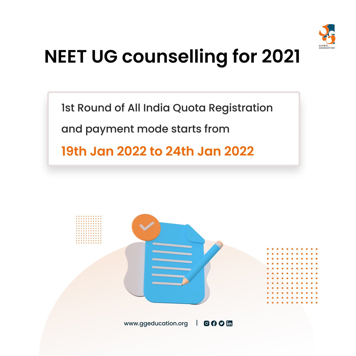 GG__education's tweet photo. NEET UG Counselling for 2021 of All India Quota and State Quota Registration/payment process starts from Today.....
Starts:19th   January 2022
Last date: 24th January 2022
#Mbbs #bds #AllIndiaQuota #StateQuota #counselling #2021 #2022 #mcc #neetug #neetpg #tamilnaducounselling https://t.co/A2vmXZpBK4