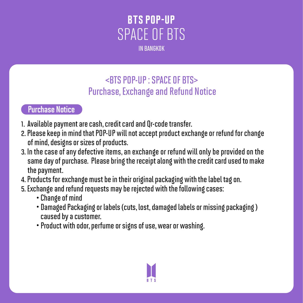 [BTS POP-UP : SPACE OF BTS in Bangkok] We’re excited to see you all! 💜 Please check out the operation & safety guideline and other notices for BTS POP-UP : SPACE OF BTS in Bangkok. 📆 20 Jan - 31 Mar 2022 📍 1st Floor, Siam Center #BTS #BTS_POPUP   #SPACE_OF_BTS