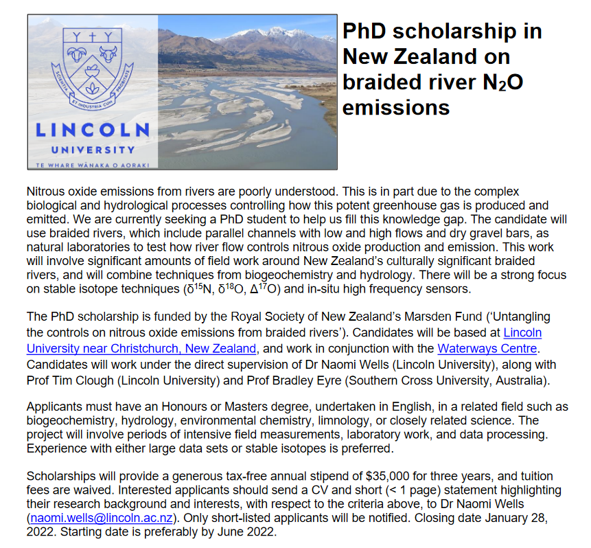 PhD opportunity! I'm looking for a student* to come work with me to try to figure out how nitrogen, and particularly nitrous oxide, moves through these incredible braided rivers #phdchat #climate *Honours or Masters in hydrology / biogeochemistry / environmental science
