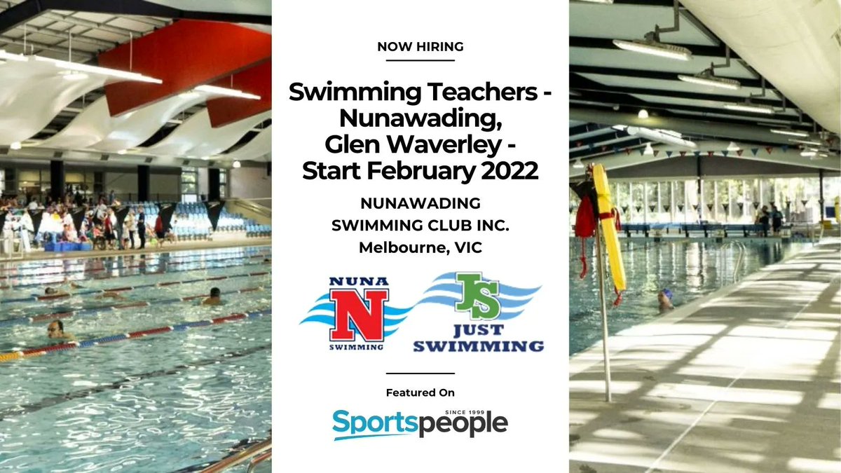[FEATURED] Swimming Teachers - Nunawading, Glen Waverley - Start February 2022 - <a href="/nunawading_sc/">NunawadingSwimmingClub</a>. $30 to $35 ph. Melbourne location. Full Time, Part Time, Casual. Closing 17 Feb 2022. Apply@ bit.ly/3KkGNnY
(see more swimming jobs: bit.ly/33NipKQ) #sportspeople