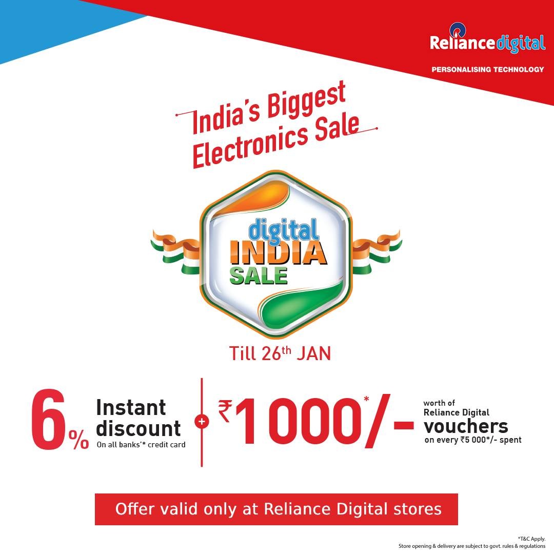 RelianceDigital's tweet image. India's Biggest Electronics Sale is back with #Deals4India! Shop now from any Reliance Digital store &amp;amp; enjoy an instant discount of 6% on all banks'* credit cards. Also, get Reliance Digital vouchers worth ₹1 000*/- on every ₹5 000*/- spent. T&amp;amp;C Apply. #DigitalIndiaSale