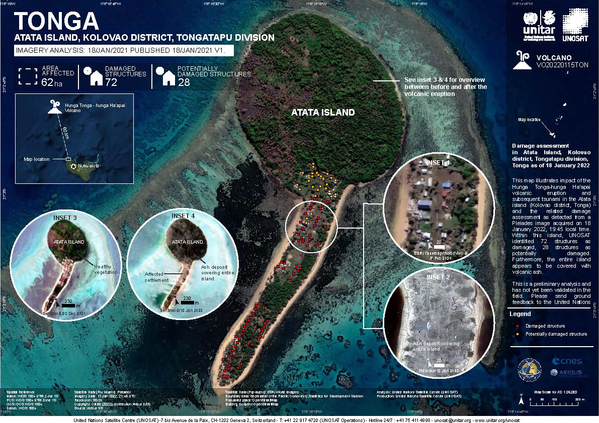 sbeetech's tweet photo. #Pleiades imagery is used to estimate the impact of #HungaTongaHungaHaapai volcano on Atata Island. Ash appears to cover the full island along with damage to structures. #TongaVolcano 
 https://t.co/T5KwCD8dlr #sbeetech https://t.co/2c03LJw30j